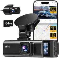 Redtiger 4K / 2.5K Dual Camera Dash Cam with WDR, Night Vision, 64GB - $89.99