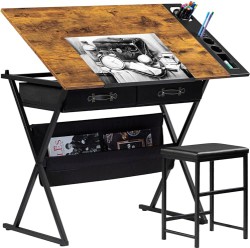 Vecelo Adjustable Drafting Table with 2 Storage Drawers, Rustic Brown - $91.95