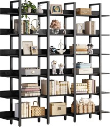 Ironck Triple Wide 6-Tier Bookshelves with Back Fence, Industrial Black - $197.99